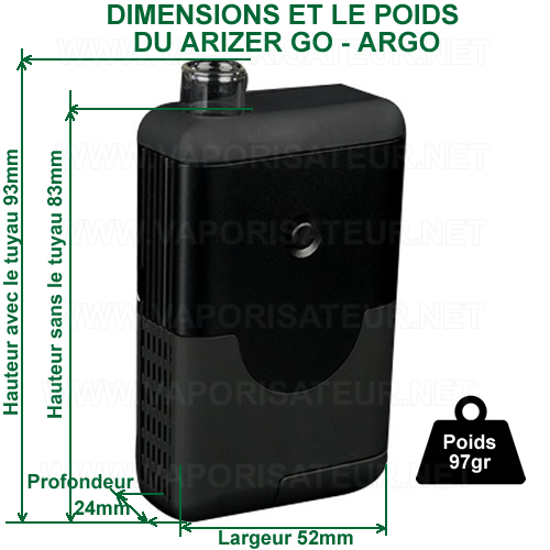 Dimensions et le poids en image du vaporisateur portable Arizer Argo