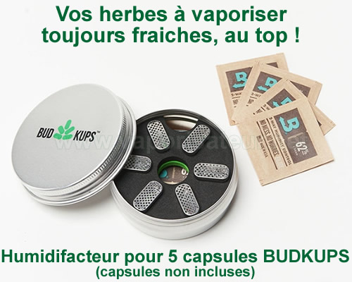 Boite humidifiante de poche pour transporter les capsules doseuses d'herbe BudKups Pax 2 et 3