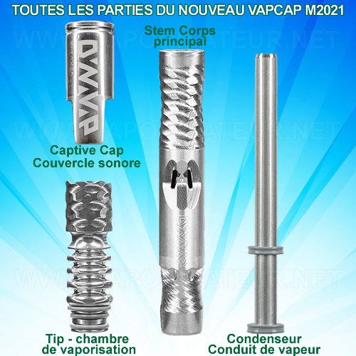 Toutes les parties qui composent le vaporizer DynaVap VapCap M 2021 - vue détaillée et expliquée de toutes les composantes du vaporisateur