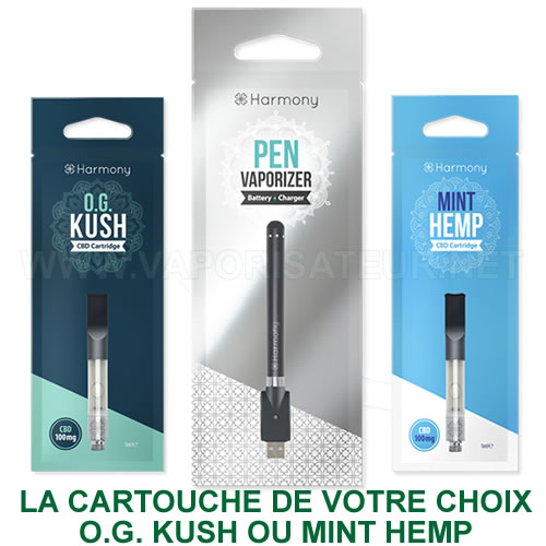 Cartouches de e-liquides CBD disponibles pour vaporisateur pen Harmony - OG Kush et Mint Hemp 100mg