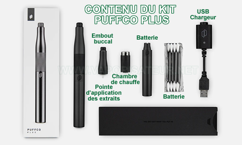 Le contenu complet détaillé du pack vaporisateur pen Puffco Plus - tous les éléments présents