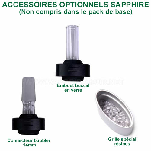Tous les accessoires optionnels pour le vaporisateur portable Sapphire Storm - l'embout buccal en verre, l'adaptateur bong 14mm et grille pour résines