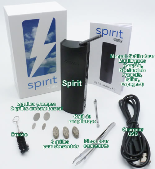 Le contenu complet des accessoires du pack de départ du vaporisateur portable Spirit Storm